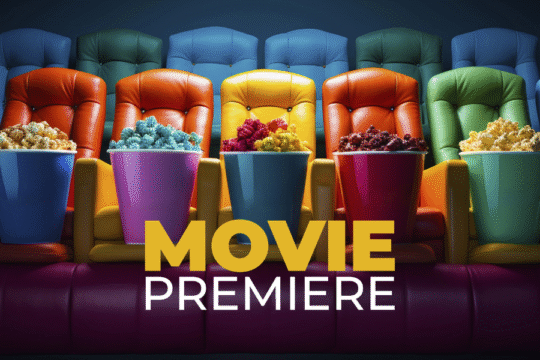 Colorful cinema seats with popcorn buckets lined up for a movie premiere event.