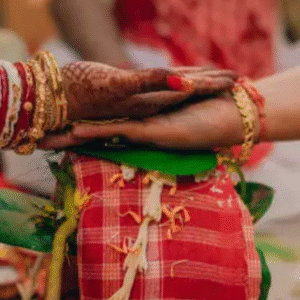 Close-up of hands of bride and groom during a traditional Indian wedding ritual.