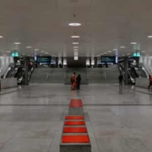 Empty airport terminal hall with escalators and bright white interiors.
