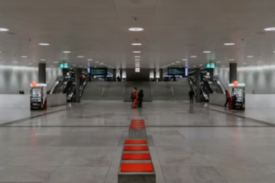 Empty airport terminal hall with escalators and bright white interiors.