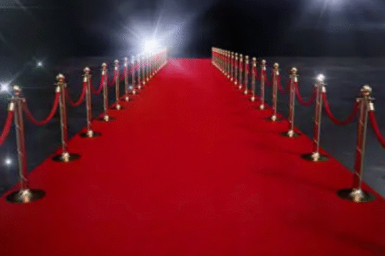 Red carpet walkway with golden stanchions and bright spotlights.