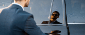 Man in suit reflected on car window while opening the door.