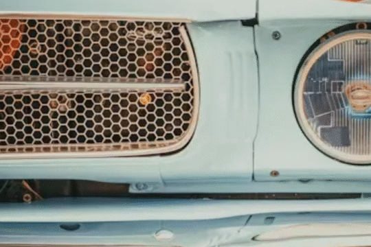 Close-up of a classic vintage car's front grille and headlight in pastel blue