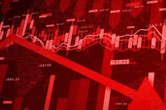 Stock market chart showing sharp decline with red background and falling trend lines.