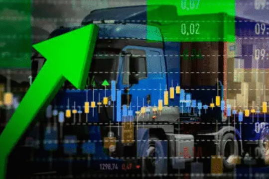 Freight truck overlaid with stock market graph and upward green arrow indicating logistics sector growth.