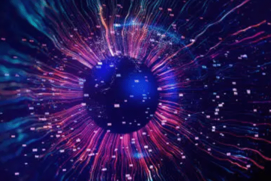 A digital abstract visualization of a glowing neural network or AI core, radiating multicolored data streams in a dark tech background.