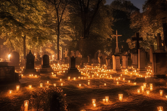 A cemetery at night illuminated by hundreds of glowing candles, surrounded by tall trees and gravestones, creating a serene and spiritual atmosphere.