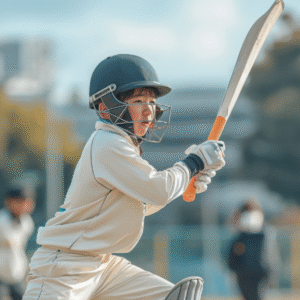 Young cricketer in action during a match, swinging bat confidently on a sunny day
