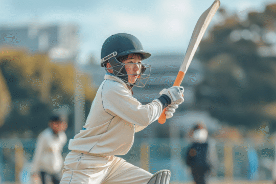 Young cricketer in action during a match, swinging bat confidently on a sunny day