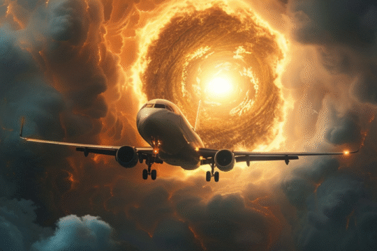 Airplane flying into a fiery vortex surrounded by storm clouds