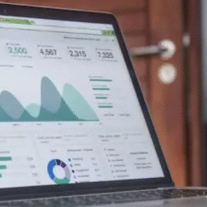 Laptop screen displaying business analytics and data dashboards