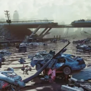 Post-apocalyptic flooded cityscape with overturned vehicles and damaged infrastructure