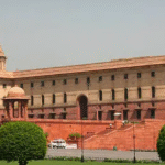 The iconic Rashtrapati Bhavan and Secretariat buildings in New Delhi, India.