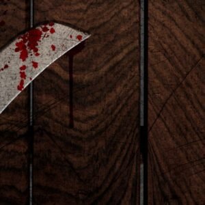 Bloody knife on wooden surface