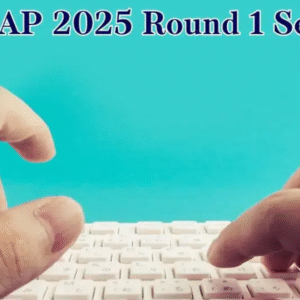 Hands are typing on a keyboard with the text "MHT CET CAP 2025 Round 1 Seat Allotment" at the top.
