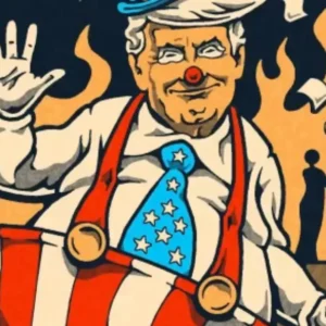 Cartoon of Donald Trump as a clown with a fiery background.