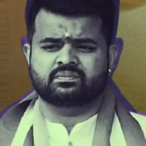 An edited image of a man with a beard and an orange scarf, with an "Evidence" sign in the background.