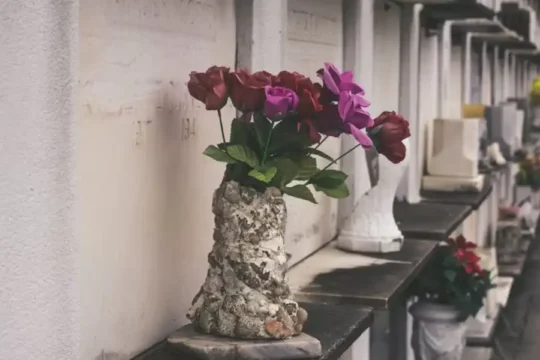 Flowers in a vase are placed on a ledge of a crypt in a cemetery.