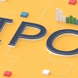 A 3D render of the letters "IPO" with a financial bar graph and network lines.