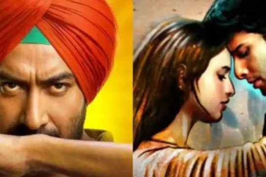 Two movie posters: a turbaned man and a romantic couple.
