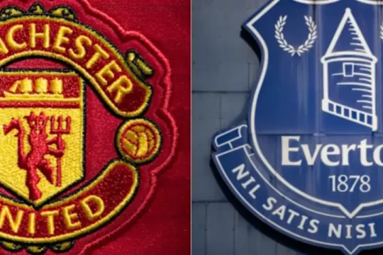 Logos for Manchester United and Everton football clubs side-by-side.
