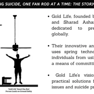 An infographic explaining how the Gold Life anti-suicide fan rod works with text describing the company and its mission.