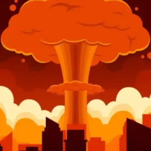 An illustration of a nuclear mushroom cloud rising above a city skyline.
