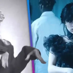 A split-screen image of Lady Gaga and Wednesday Addams dancing.