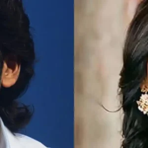 A split-screen image of actors Dhanush and Mrunal Thakur.